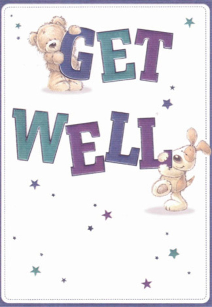 Effortless charm radiates from this get well card, particularly cherished in the Creekmouth area for its gentle encouragement and joyful spirit. The central artwork features a sweetly expressive bear, clutching the top of the large, friendly 'GET,' and a cheerful puppy, all floppy ears, balanced beneath the confident 'WELL.' Their round, huggable forms and twinkling eyes exude the innocent affection found in the best gestures of care, echoing the feeling of receiving a thoughtful floral arrangement on a blustery day near River Road. Scattered across the crisp, clean background, deep indigo and teal letters pop with reassuring vibrancy, while little hand-drawn stars in soft purple and blue seem to scatter well-wishes through the air, like petals in the springtime wind along nearby walking paths. The subtle texture on the animals' fur and ears is so invitingly rendered, it conjures the urge to reach out for a comforting embrace, mirroring the tactile pleasure of arranging fresh stems into a bright, supportive bouquet. Every brushstroke and colour choice speaks of compassion and hope, inviting the recipient to feel seen and cared for. From the animated characters to the gentle starlight, the scene blends playfulness with emotional sincerity-a visual pep talk that brings the heart of Creekmouth's neighbourly kindness right to your doorstep, perfect for helping loved ones on their path to recovery.