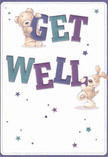A cheerful celebration of comfort, this get well card's illustration brims with friendliness and positivity, capturing the spirit of Creekmouth's caring community. At its core, two animated characters-a plush bear and a floppy-eared puppy-work together to cradle and support the oversized, colourful lettering spelling out 'Get Well.' The use of striking indigo and teal for the text sets it apart on a creamy white canvas, anchoring the uplifting mood like a bright arrangement at a Creekmouth kitchen window. Stars in playful shades of blue and purple are delicately sprinkled throughout the composition, their twinkling forms radiating reassurance and playful hope, reminiscent of the way thoughtful Creekmouth Florist bouquets quickly transform a patient's room or garden view. The richly textured fur of both the bear and pup looks almost tangible, as if inviting a gentle stroke and promising comfort. This affectionate scene, with its soft shadows and buoyant energy, is perfect for conveying heartfelt support during times of healing, delivering not just a message, but an embrace from the close-knit Creekmouth community, and a gentle encouragement to look forward to brighter days ahead.